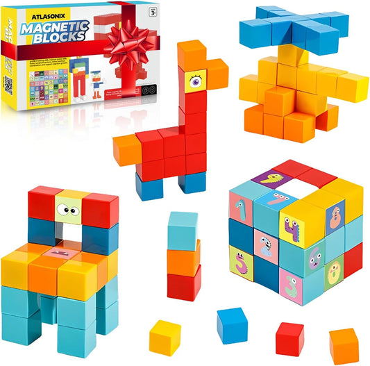 Magnetic Blocks for Kids Ages 3-8, 56 Magnetic Building Cubes & 54 Educational Stickers, STEM Magnet Cube Toy for Boys & Girls. Magnetic Cubes for Learning & Creative Play