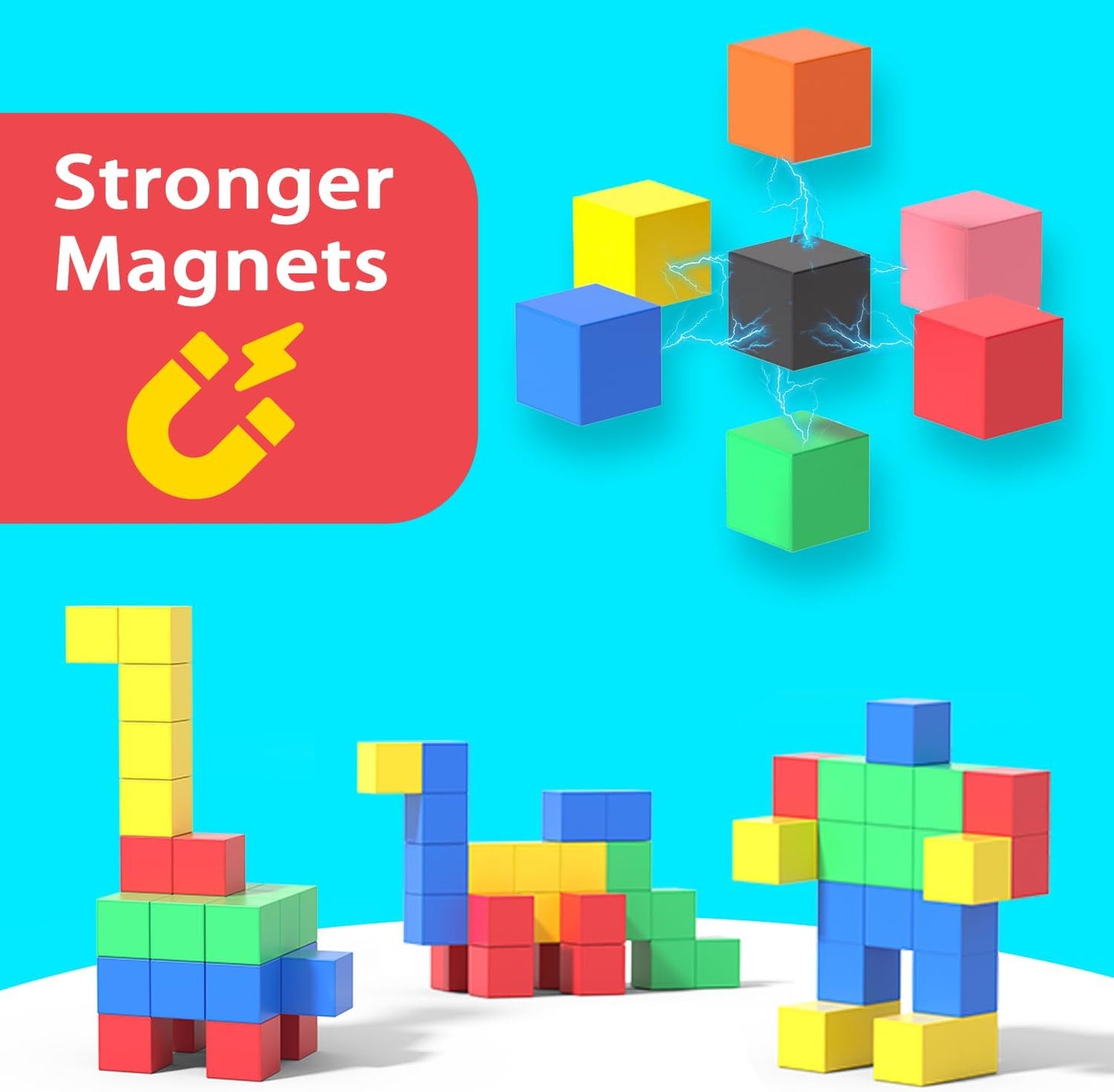 Magnetic Blocks for Kids Ages 3-8, 56 Magnetic Building Cubes & 54 Educational Stickers, STEM Magnet Cube Toy for Boys & Girls. Magnetic Cubes for Learning & Creative Play